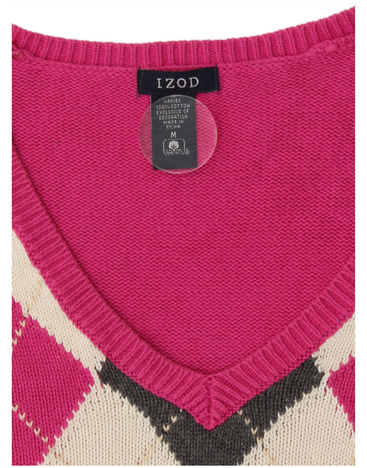 Izod Damen-Pullover mit V-Ausschnitt, mittelrosa Argyle/Diamant-Baumwolle