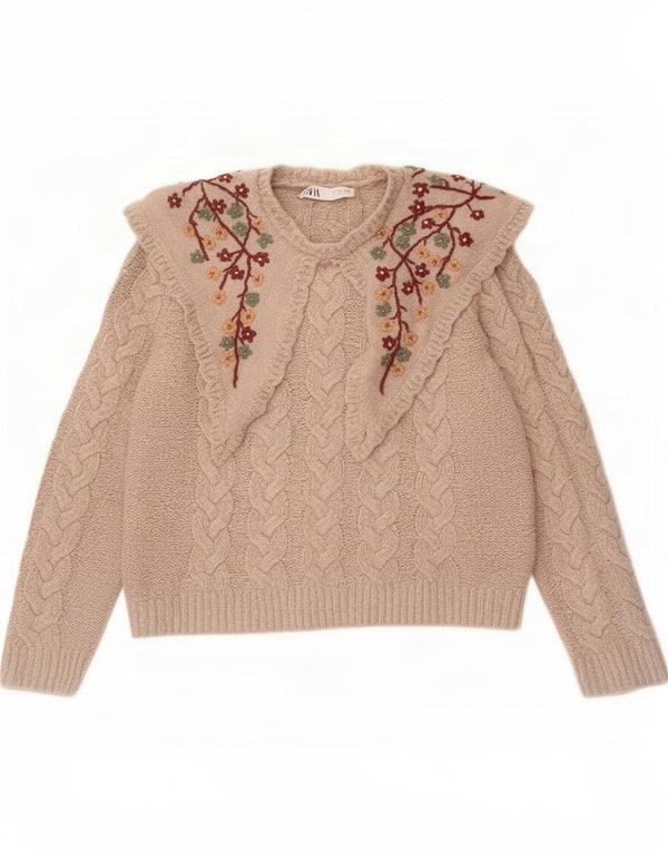 Zara Damen-Pullover mit Rundhalsausschnitt, Gr. 40, Größe L, beige, geblümt