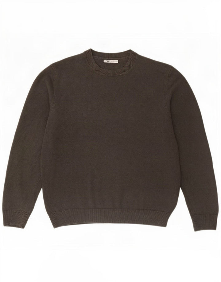 Zara Herren-Pullover mit Rundhalsausschnitt, groß, graues Leinen