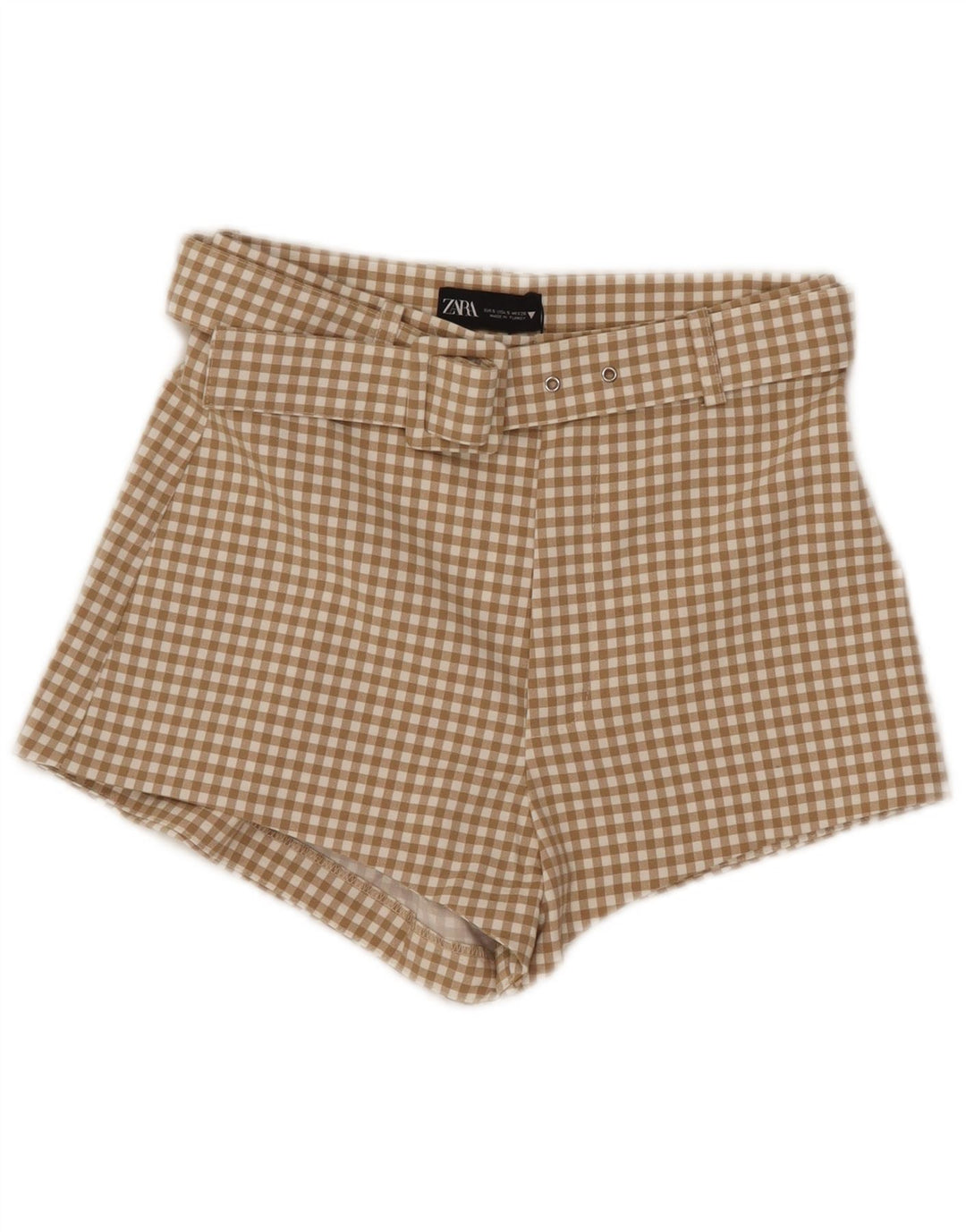 Zara Damen-Hotpants mit hoher Taille, Größe S, Größe S, Beige, Gingham-Polyester