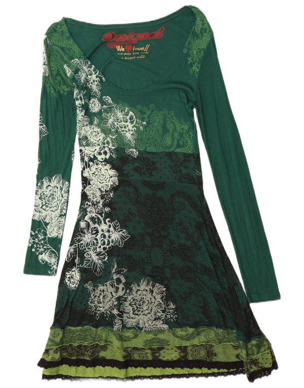 Desigual Damen Grafik-Maxikleid mit langen Ärmeln, UK 12, Mittelgrün mit Blumenmuster