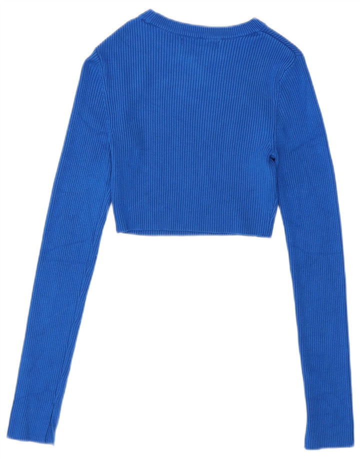 Pull & Bear Damen Crop Pullover mit U-Boot-Ausschnitt, Gr. 8, Blau