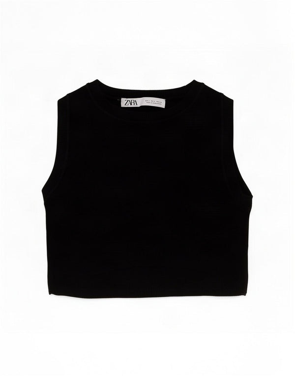 Zara Damen Crop Vest Top UK 8 Small Schwarze Viskose