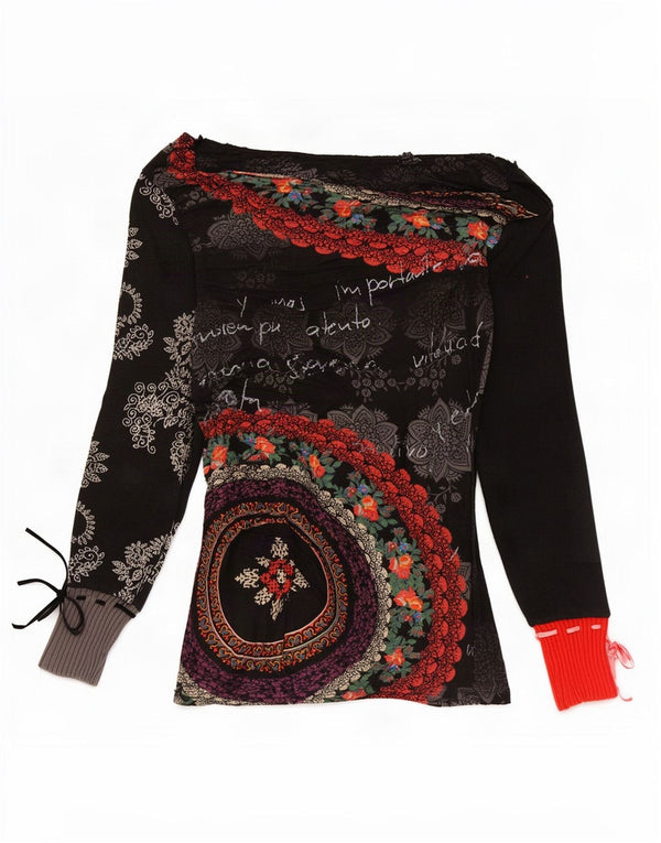 Desigual Womens Graphic Top Langarm UK 8 Small Schwarz geblümte Baumwolle