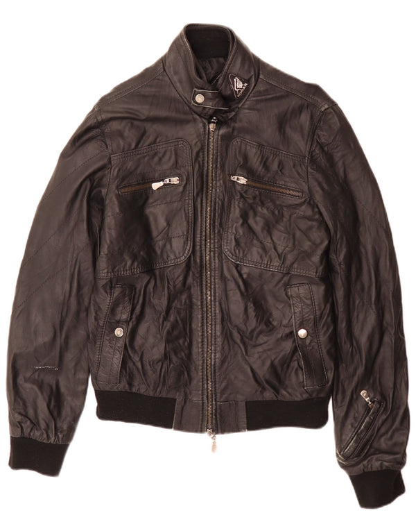 Hogan Damen Leder Bikerjacke UK 12 Medium Schwarz