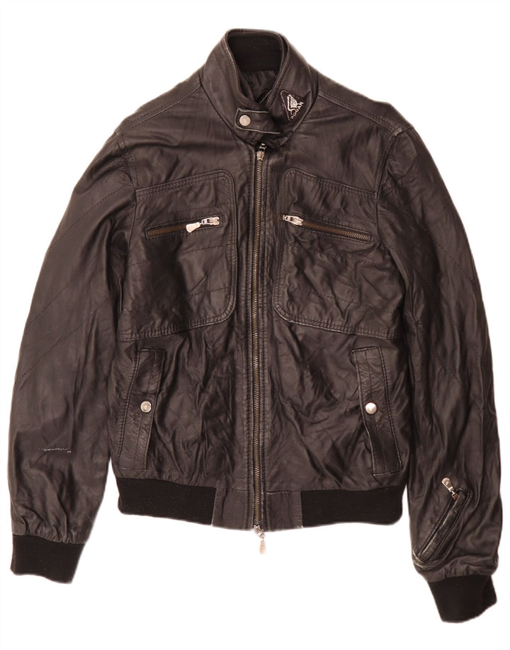 Hogan Damen Leder Bikerjacke UK 12 Medium Schwarz