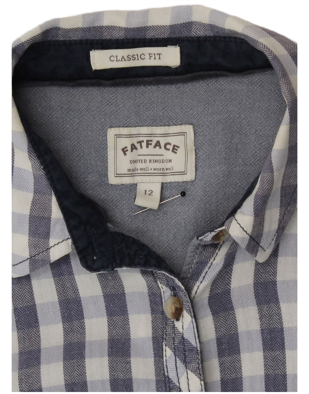 Fat Face Damen-Hemd mit klassischer Passform, UK 12, mittelblaue Gingham-Baumwolle