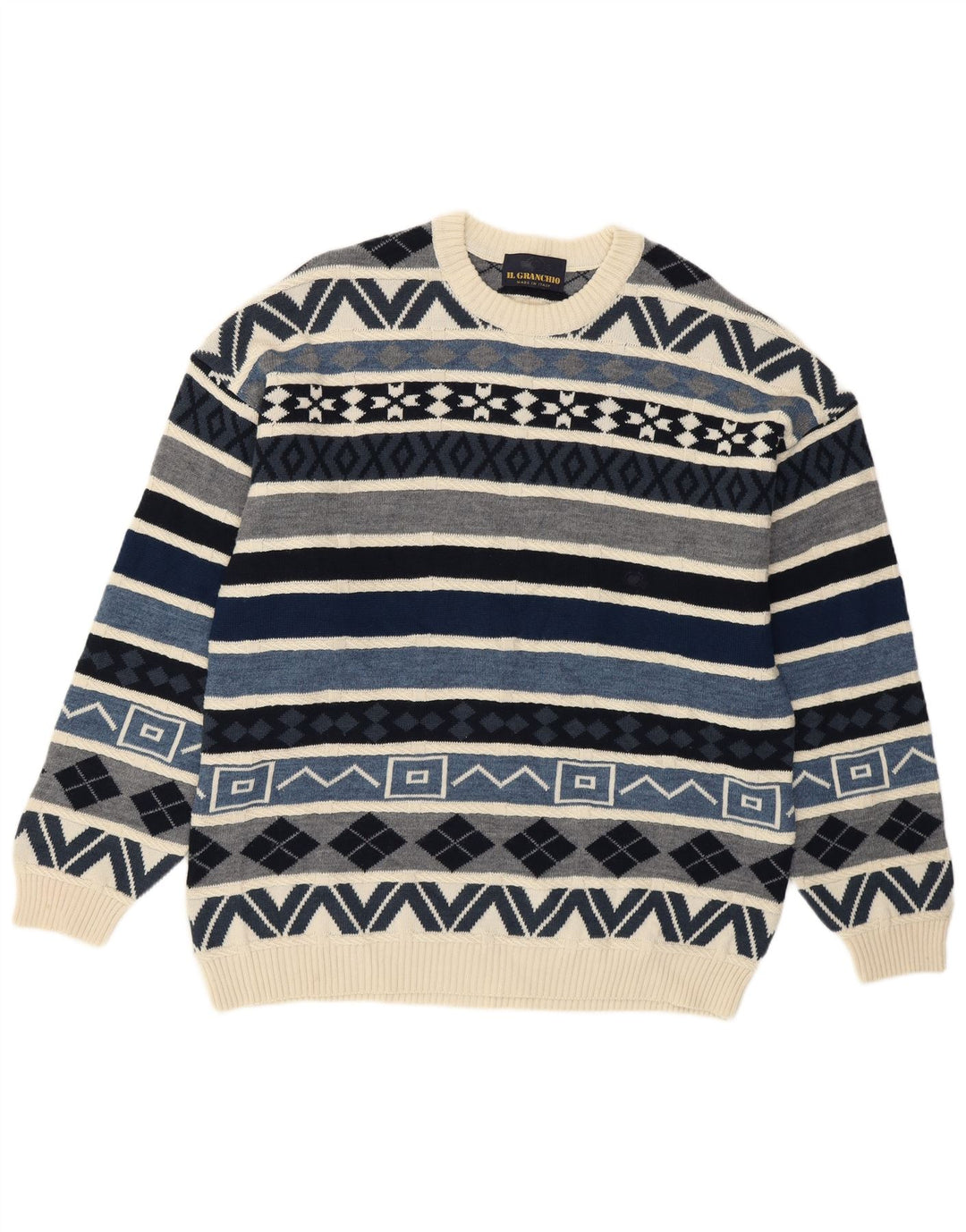 Il Granchio Herren-Pullover mit Rundhalsausschnitt, groß, blau, geometrisch