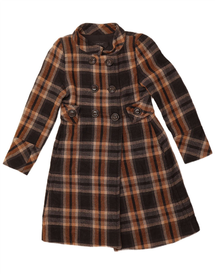 ZARA Damen Zweireihiger Mantel UK 14 Large Schwarz Kariertes Acryl