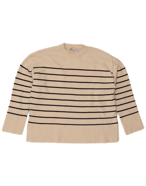 Zara Damen-Pullover mit Rundhalsausschnitt, UK 14, mittlere, cremefarbene, gestreifte Viskose