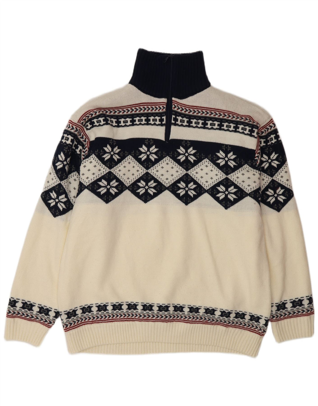 Vintage Herren-Pullover mit Reißverschluss, groß, weiß, Fair-Isle-Polyacryl
