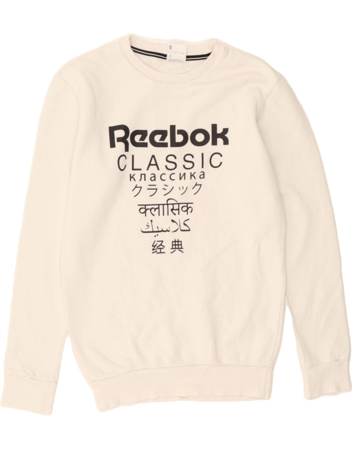 REEBOK Mens Graphic Sweatshirt Jumper Small White Vintage Reebok and Second-Hand Reebok from Messina Hembry 