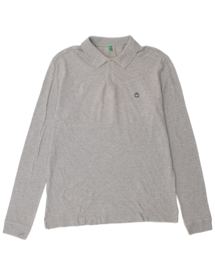 Benetton Herren-Langarm-Poloshirt, große graue Baumwolle