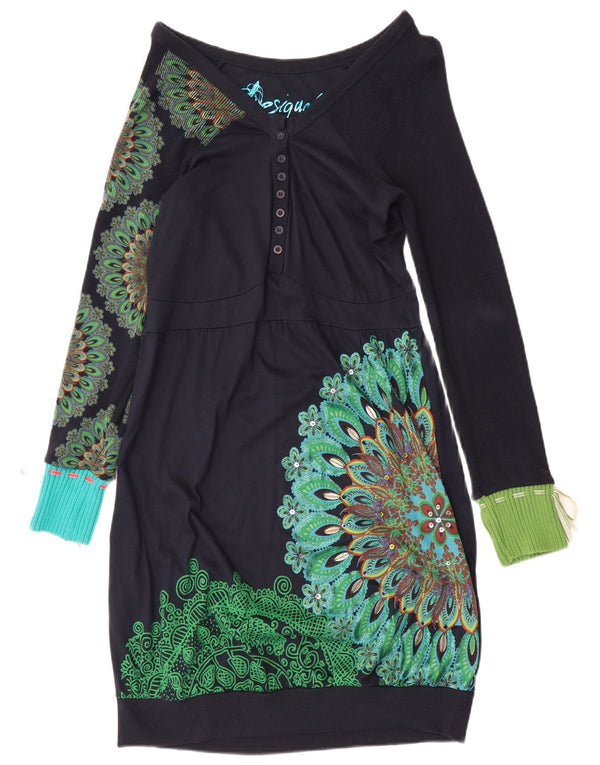 Desigual Damen Langarm-Blasenkleid UK 14 Large Marineblau Paisley