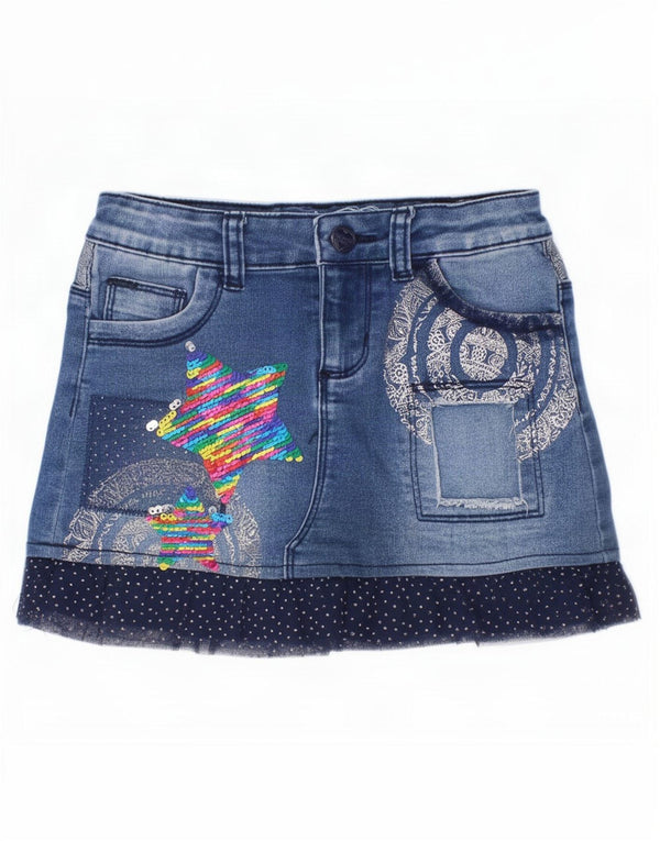 Desigual Mädchen-Jeansrock mit Grafik, 7–8 Jahre, W22, blaue Patchwork-Baumwolle