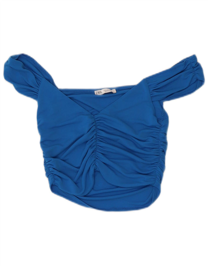 Zara Damen Crop Off Shoulder Top UK 8 Small Blau Polyester