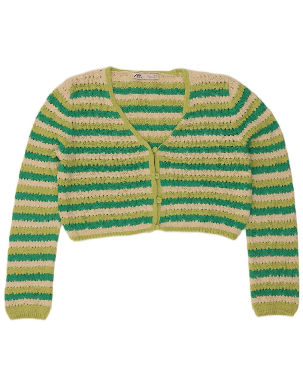 Zara Damen Crop Cardigan Pullover UK 16 Große grün gestreifte Baumwolle
