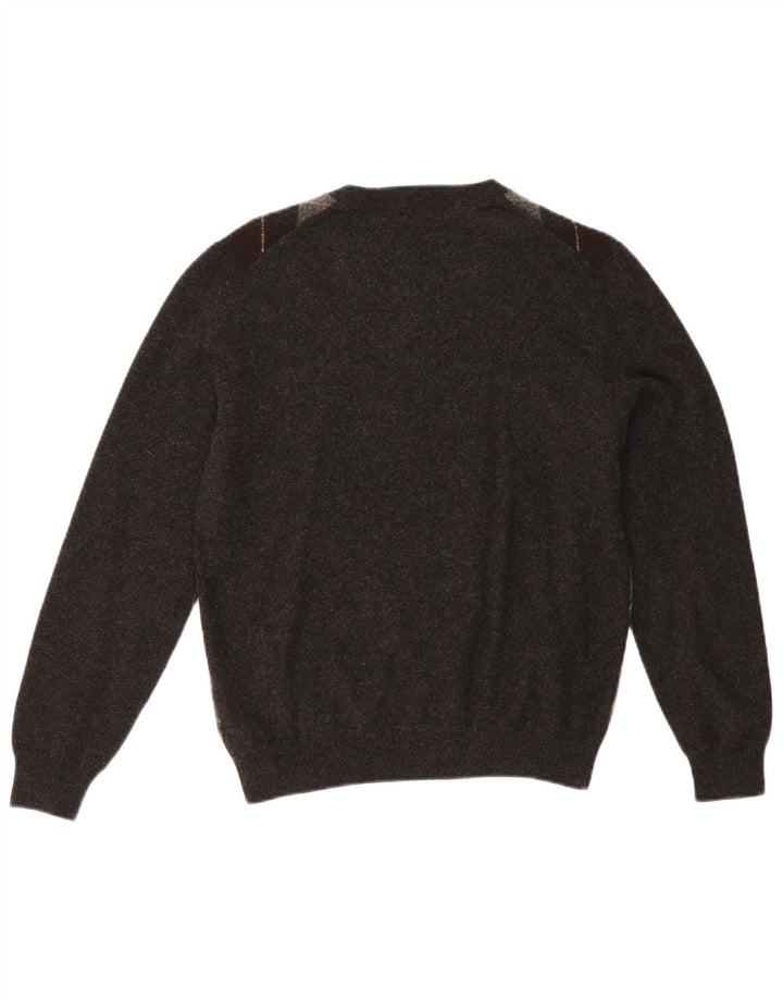 Massimo Dutti Herren-Pullover mit V-Ausschnitt, mittelgraue Argyle-/Diamantwolle