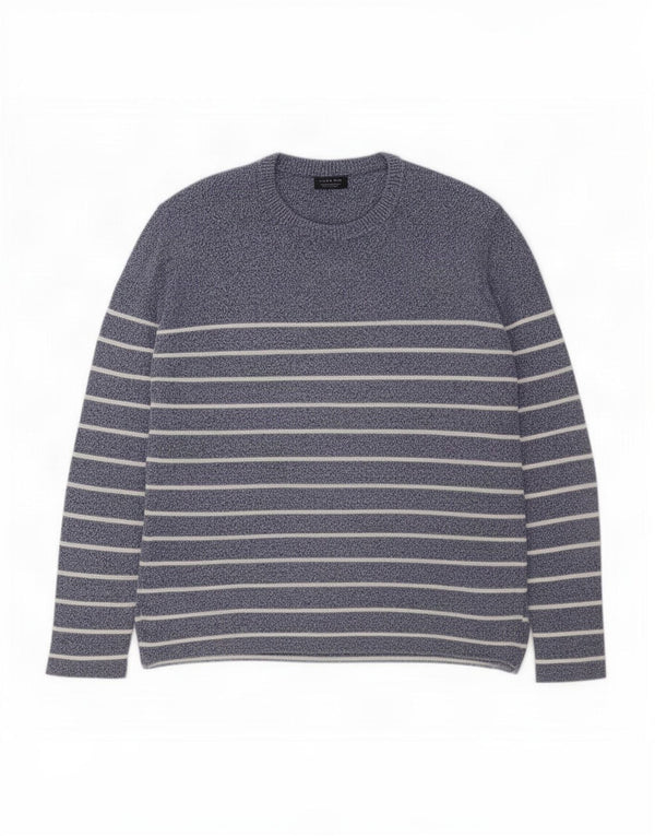 Zara Herren-Pullover mit Rundhalsausschnitt, XL, Marineblau gestreift