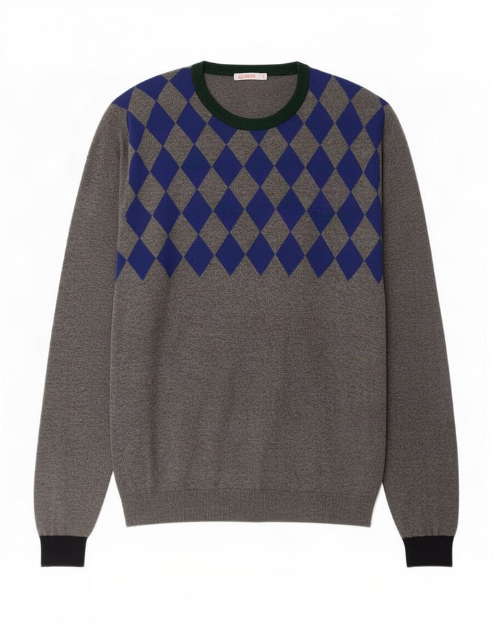 Sun68 Herren-Pullover mit Rundhalsausschnitt, XL, graue Argyle-/Diamantwolle