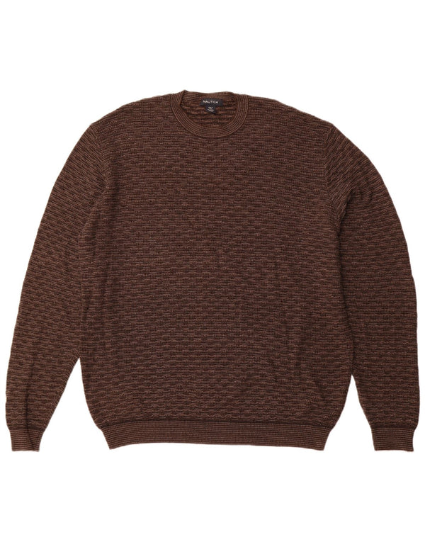 NAUTICA Herren-Pullover mit Rundhalsausschnitt, 2XL, braun gestreift, Baumwolle