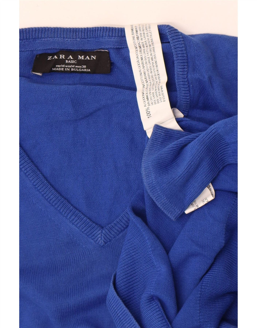 Zara Herren-Pullover mit V-Ausschnitt, mittelblaue Baumwolle