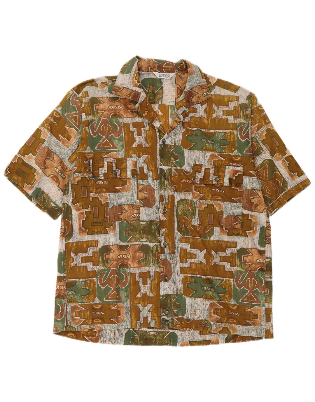 Vintage Herren Kurzarmhemd Medium Khaki Geometrisch