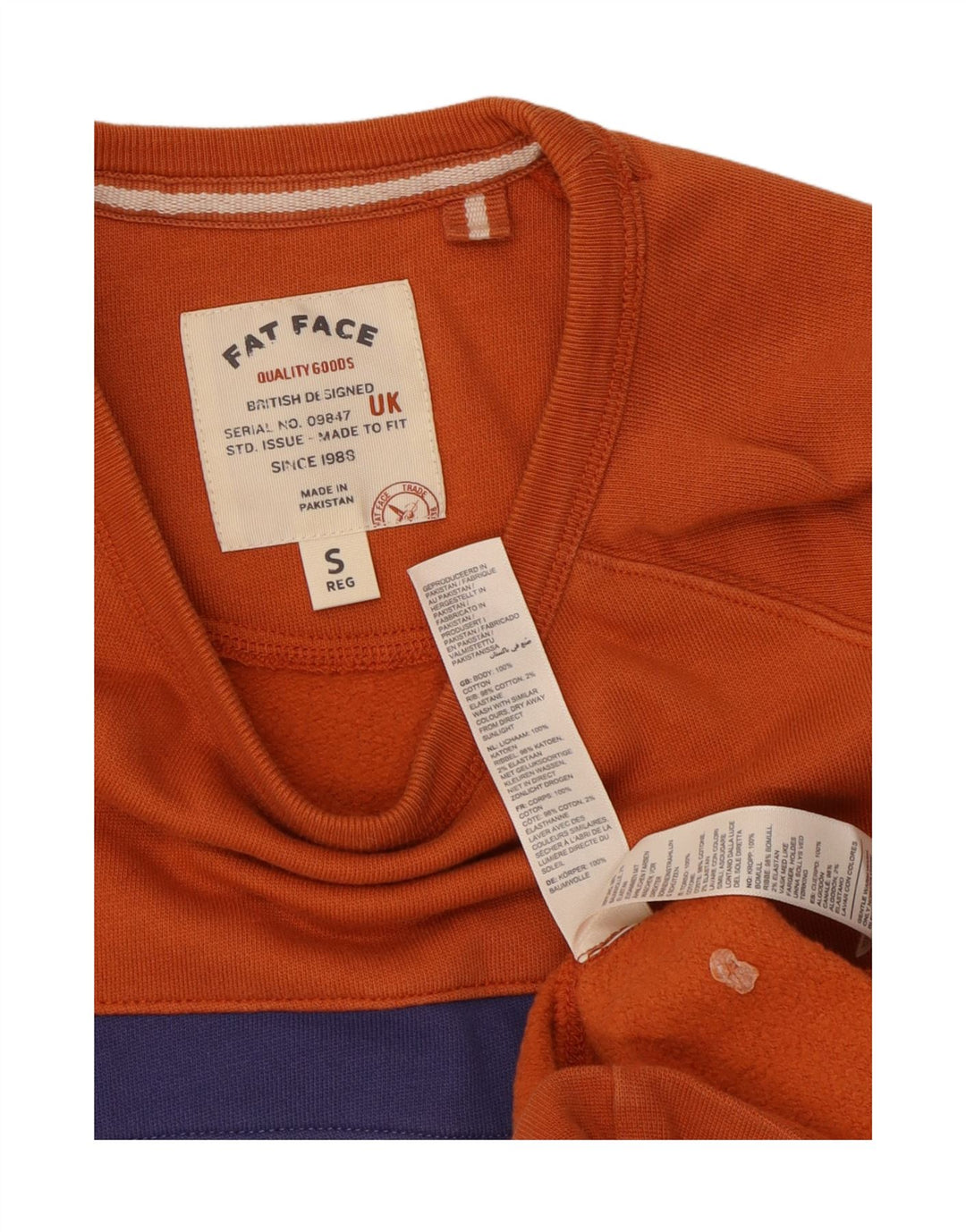 Fat Face Herren-Sweatshirt, Pullover, Größe S, Orange, Colourblock-Baumwolle