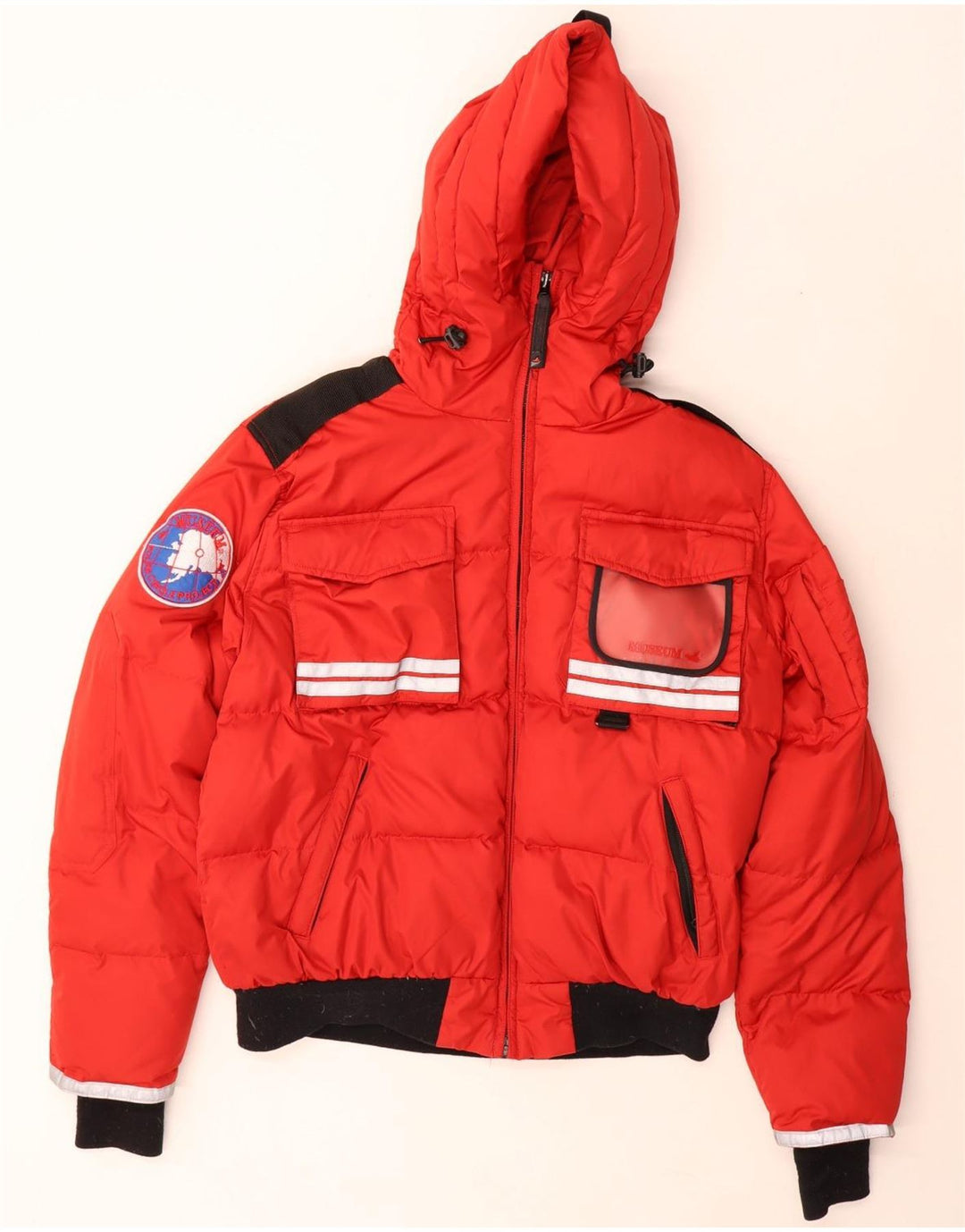 Museum Wattierte Herrenjacke mit Kapuze, UK 38, mittelrotes Colourblock-Polyester