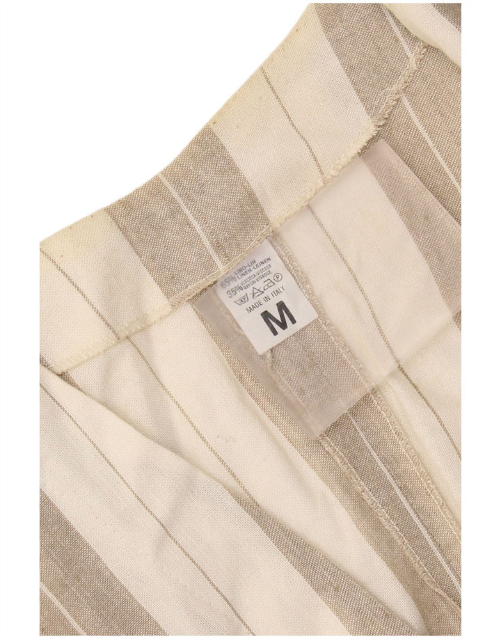 Vintage Damen Kurzarm-Hemdbluse UK 14 Medium Beige Gestreiftes Leinen