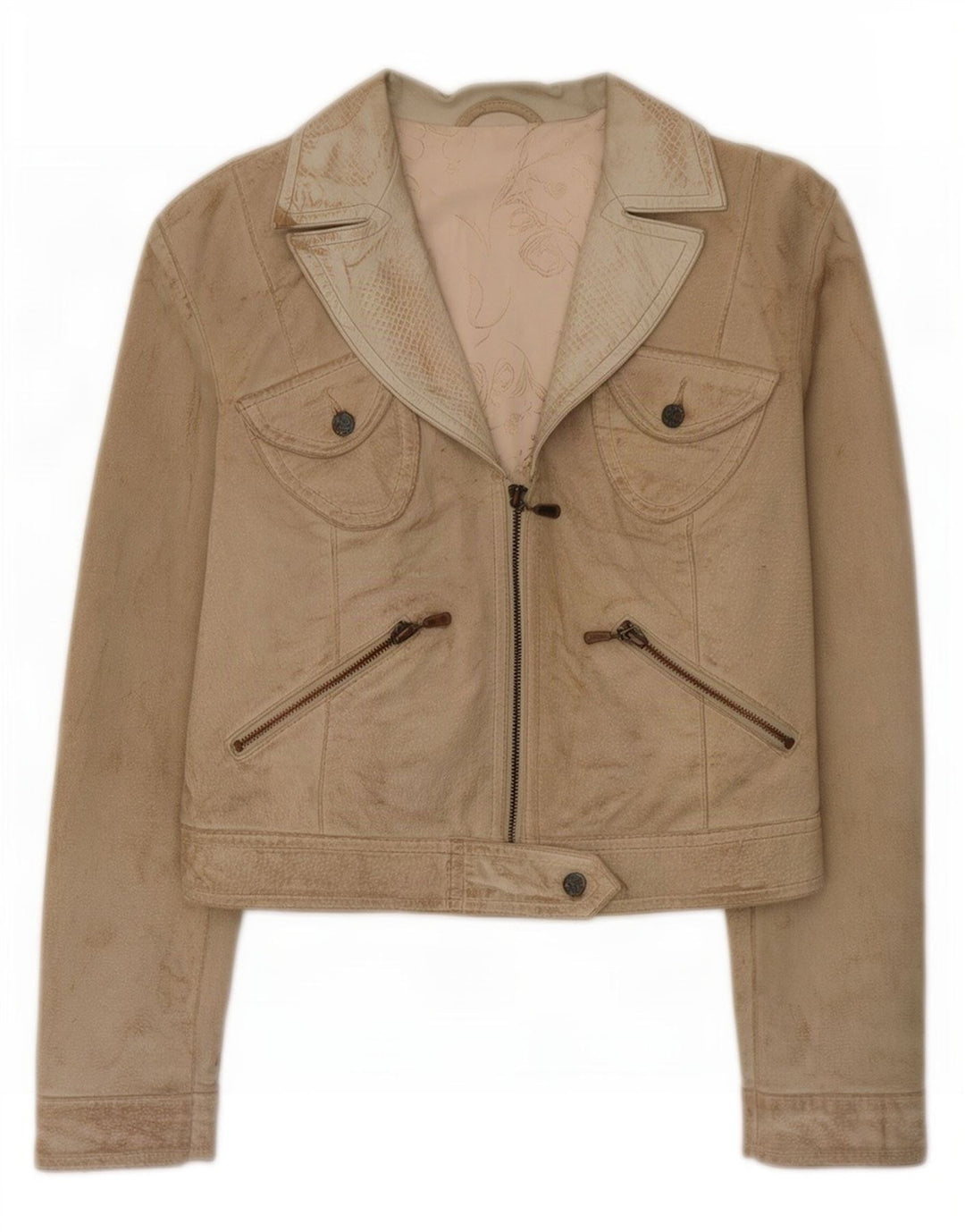 J.J.Scott Damen Crop Graphic Wildleder Bikerjacke IT 44 Mittelgraues Leder