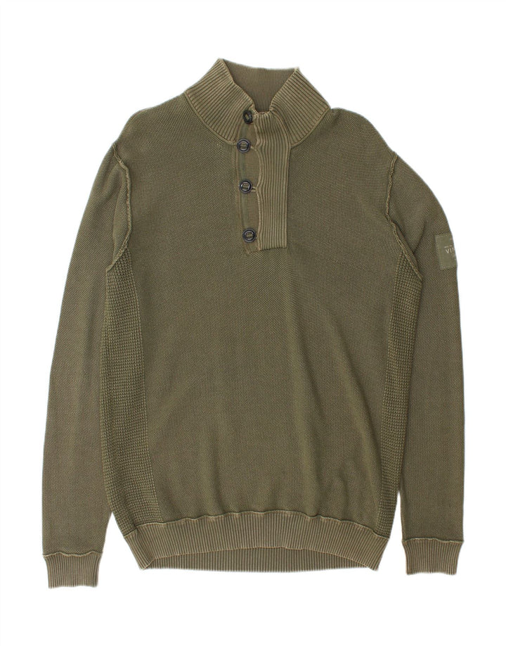 JACK & JONES Mens Button Neck Jumper Sweater Large Green Cotton