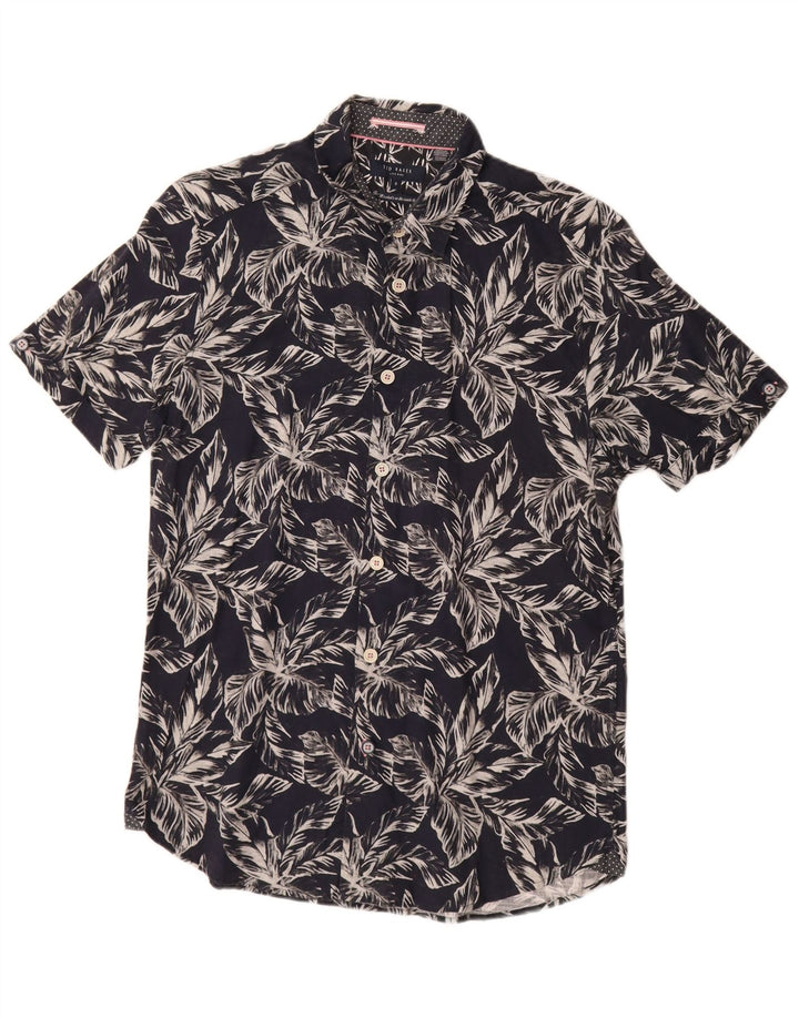 Ted Baker Herren-Kurzarmhemd, Größe 3, mittelgroß, marineblau, geblümt, Baumwolle