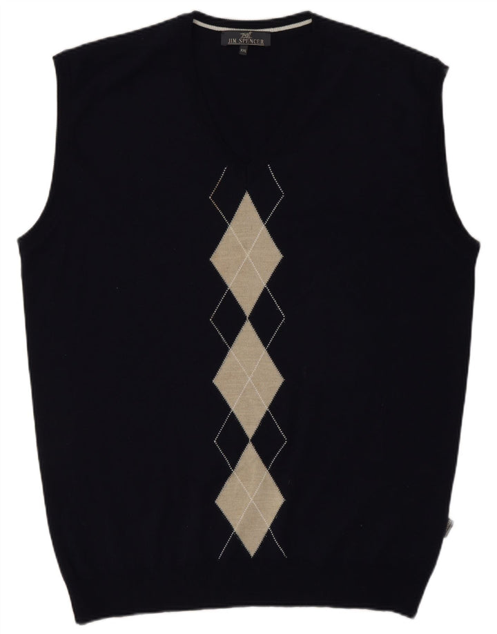 Jim Spencer Herren Weste Tank Top 2XL Marineblau Argyle/Diamant Schurwolle