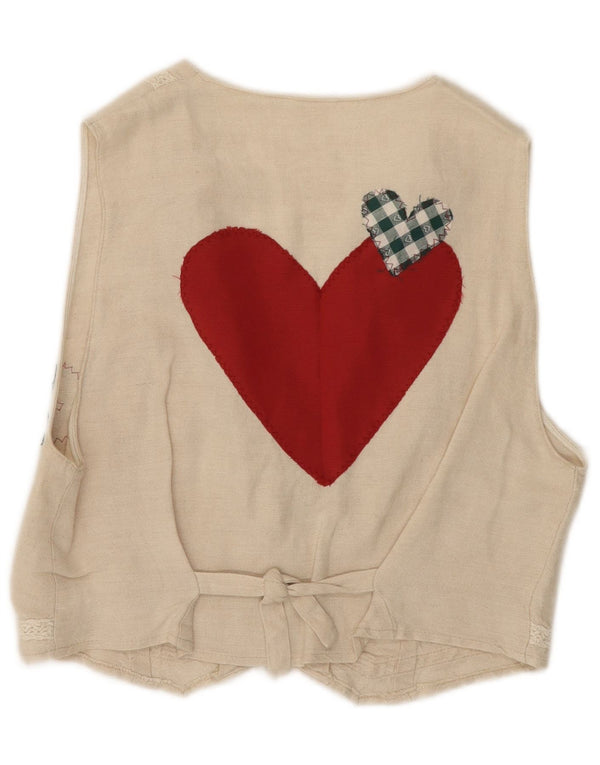 Vintage Damen Weste UK 14 Medium Beige Floral Cotton Heart