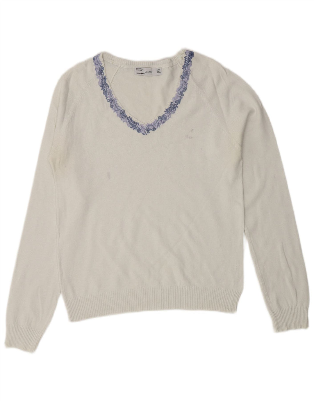 ZARA Damen-Pullover mit V-Ausschnitt, Gr. 44, Größe L, weiße Baumwolle