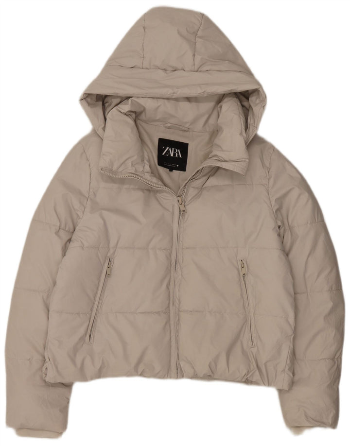 Zara Damen-Jacke mit Kapuze, wattiert, UK 16, Größe L, Weiß, Polyester