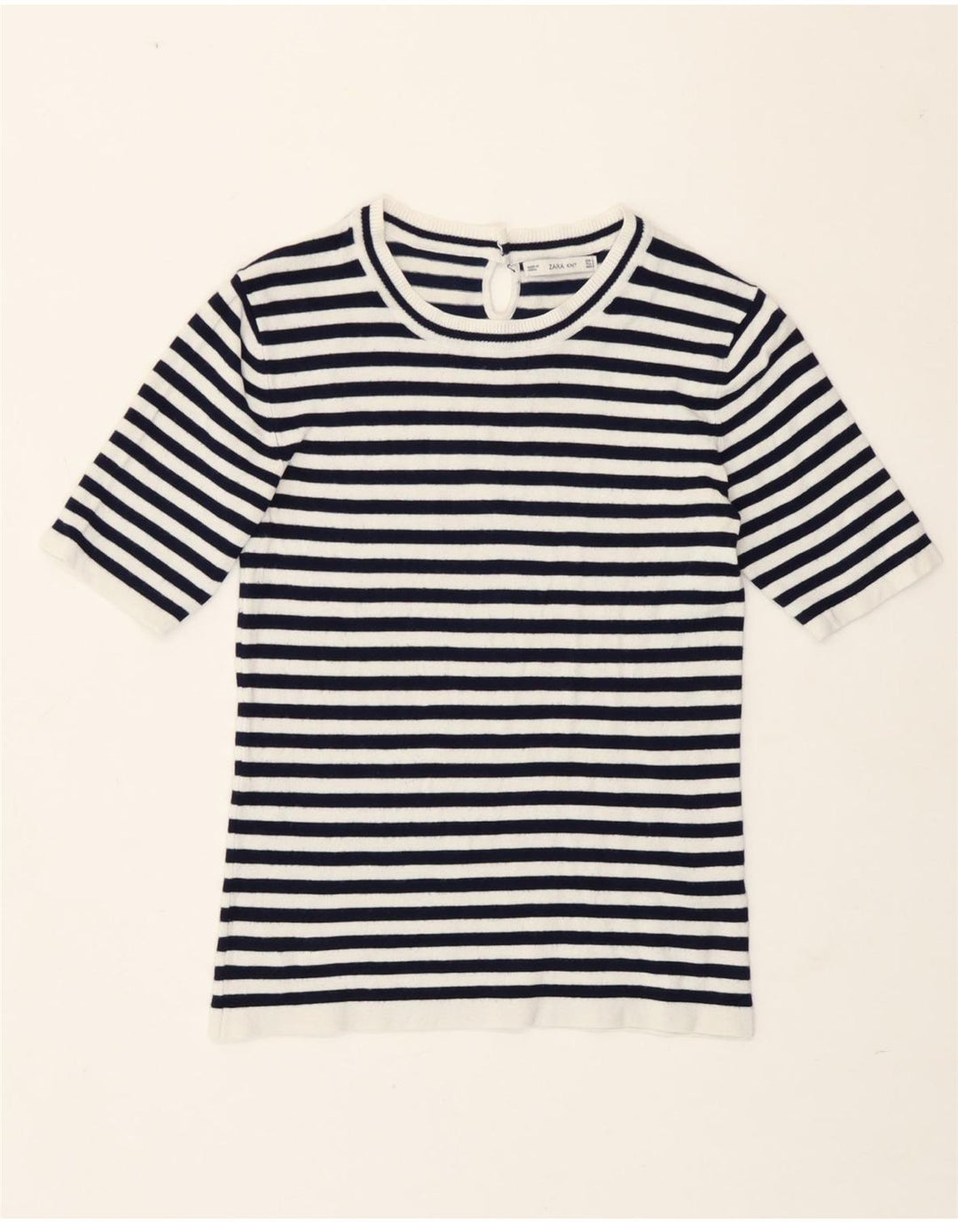 Zara Damen T-Shirt Top UK 12 Medium Marineblau gestreift