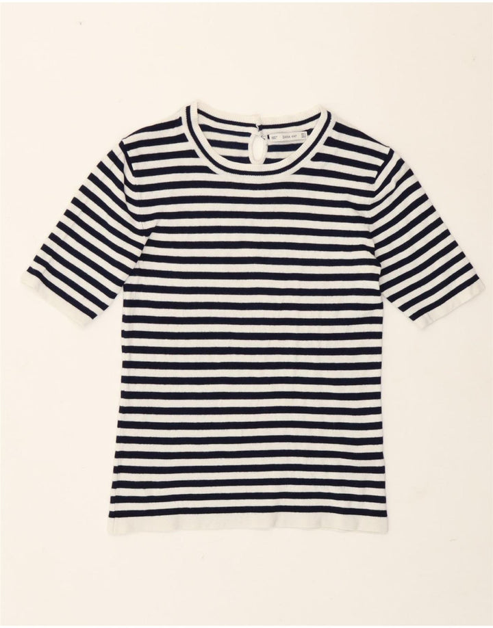 Zara Damen T-Shirt Top UK 12 Medium Marineblau gestreift