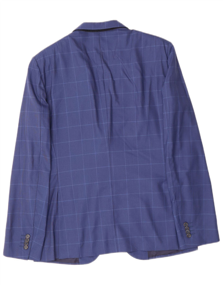 VINTAGE Herren 2-Knopf-Blazerjacke IT 48 Mittelblau karierte Schurwolle