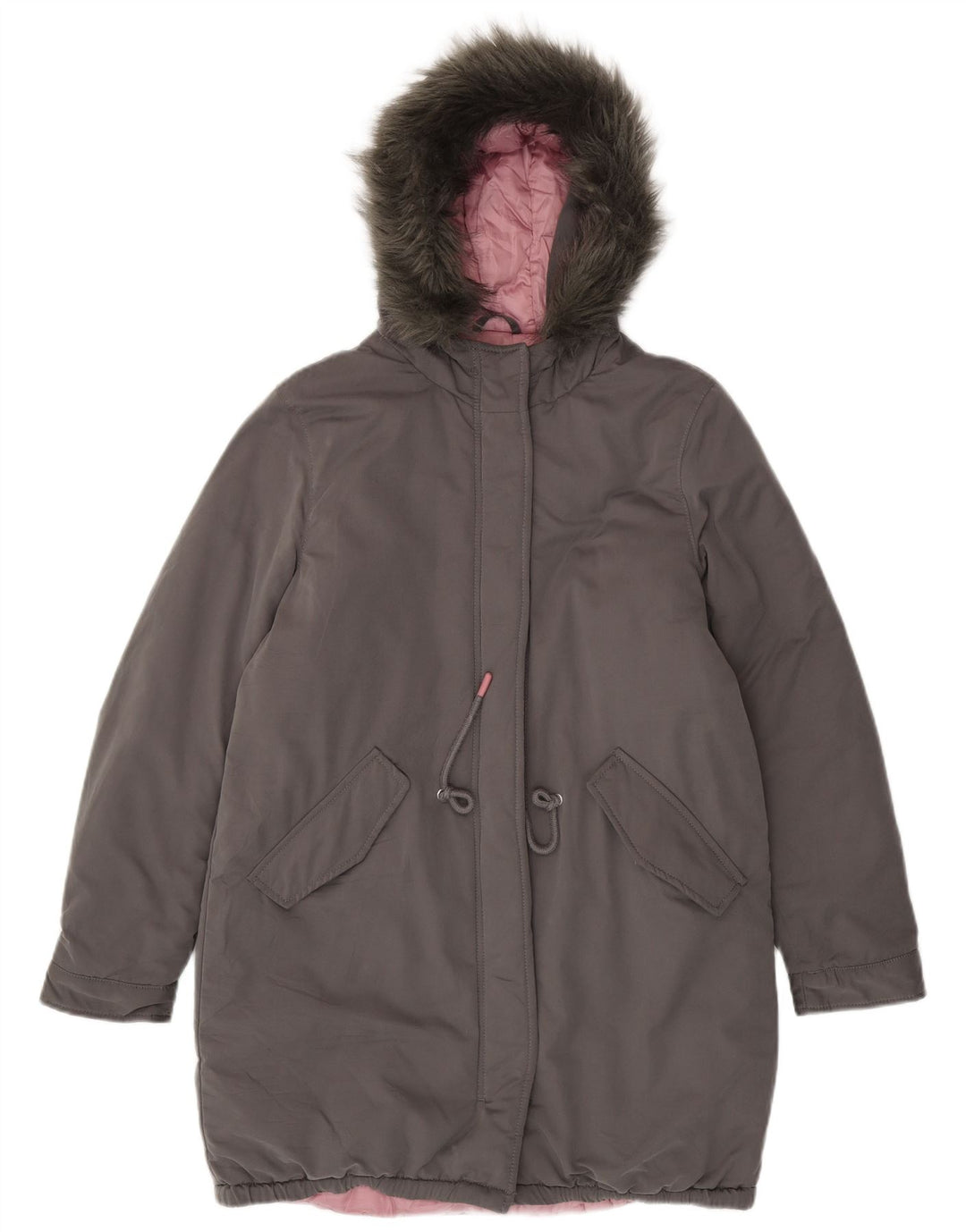 Benetton Wattierter Damenmantel mit Kapuze, UK 14, Größe L, Grau