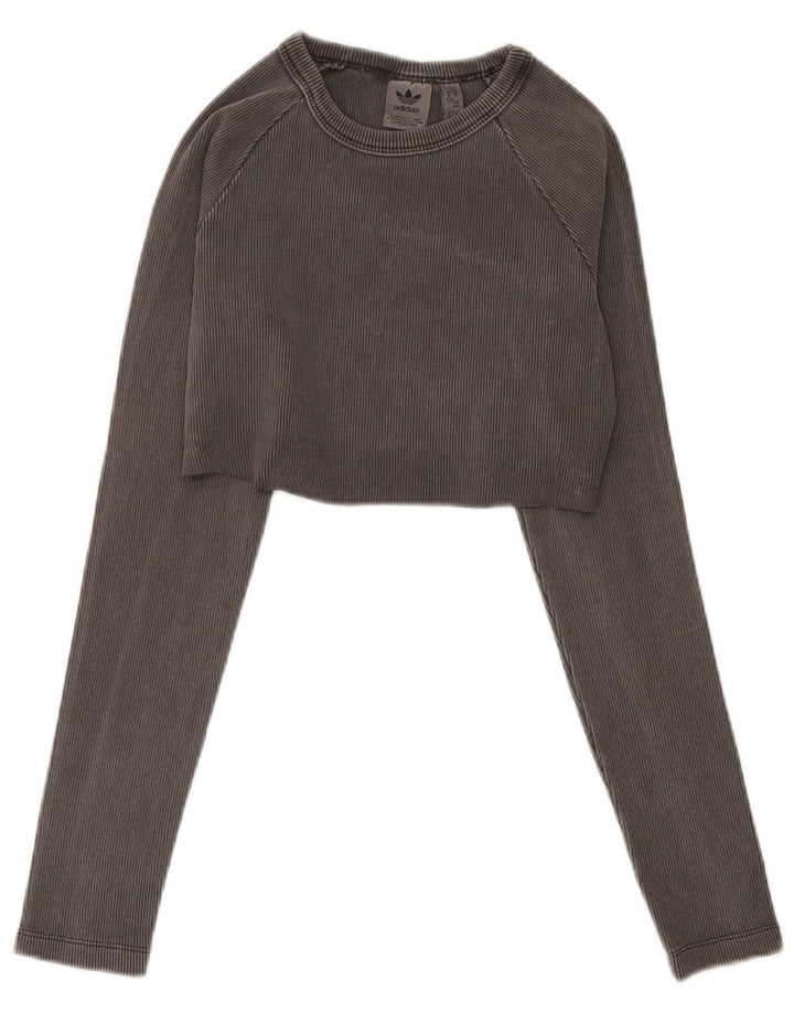 Adidas Damen Crop Top Langarm UK 12/14 Mittelgraue Baumwolle