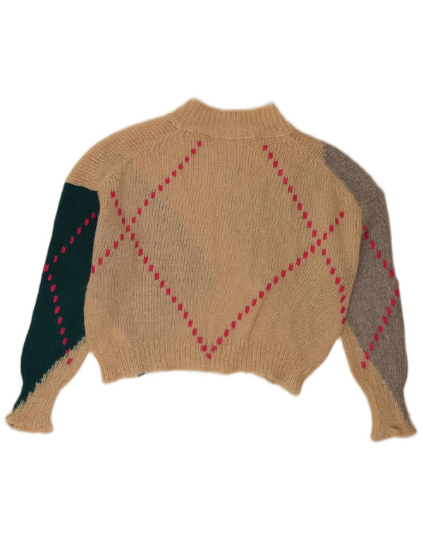 Benetton Damen-Pullover mit bauchfreiem V-Ausschnitt, Gr. 6, XS, Beige Argyle/Diamant