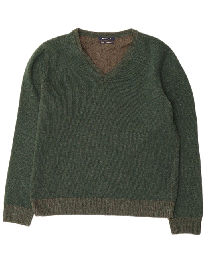 Massimo Dutti Herren-Pullover mit V-Ausschnitt aus mittelgrüner Wolle