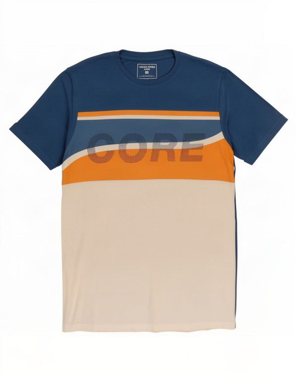 Jack & Jones Herren Grafik-T-Shirt-Oberteil aus mittelblauer Colourblock-Baumwolle