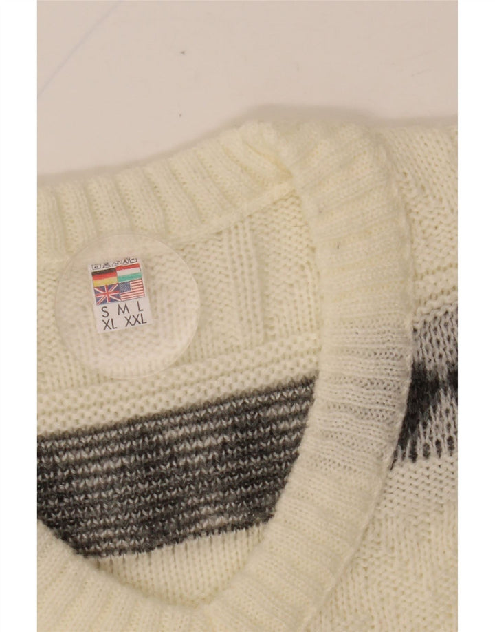 VINTAGE Herren-Pullover mit V-Ausschnitt, groß, Off-White, Fair Isle