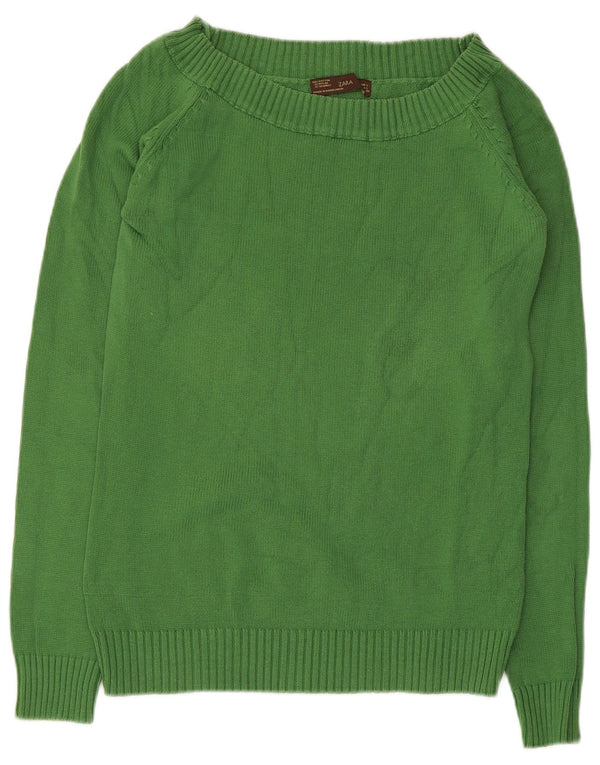 Zara Damen-Pullover mit U-Boot-Ausschnitt, UK-Größe 44, Größe L, grüne Baumwolle