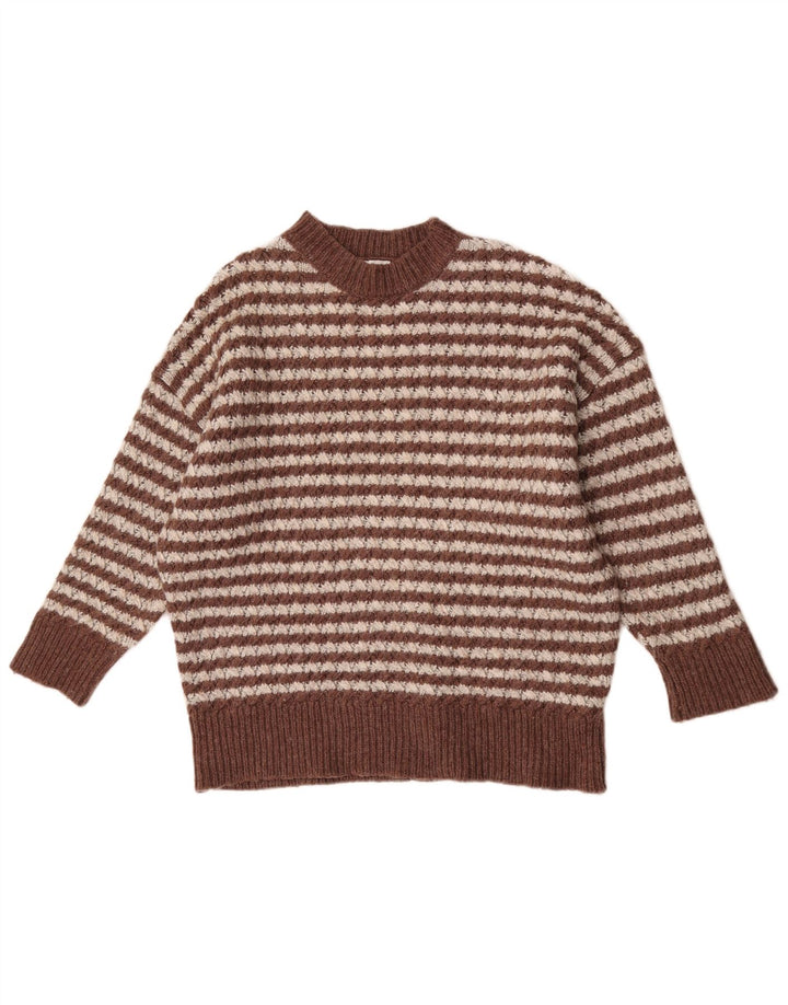 Zara Damen-Pullover mit Rundhalsausschnitt, UK 14, mittelbraun gestreift aus Nylon