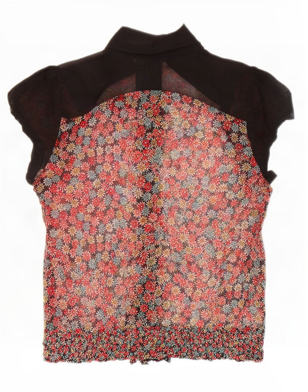 Zara Damen-Hemdbluse mit Rüschen vorne, UK 14, große, mehrfarbige, geblümte Seide