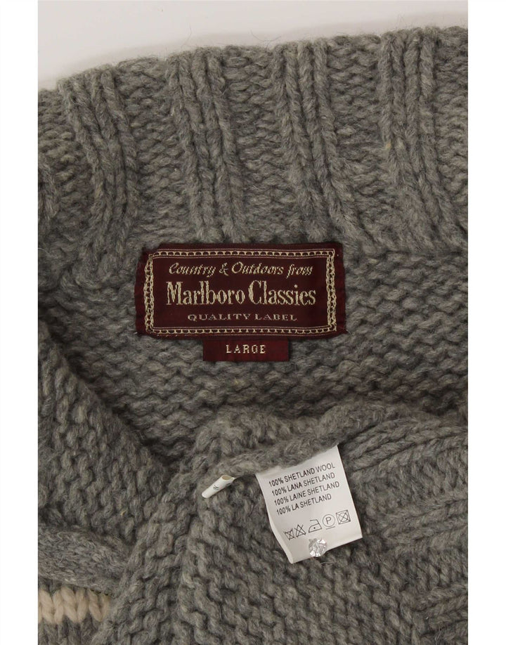 Marlboro Classics Herren-Pullover mit Reißverschluss am Hals, groß, graue Fair-Isle-Wolle